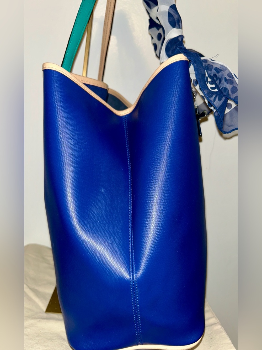 Coach Park Navy Saffiano Leather Tote with Polka Dot Scarf-wrapped Handles - Picture 6 of 14